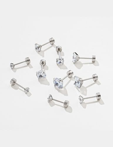 Kainier 5 Pairs Flat Back Stud Earrings CZ Earrings Round Surgical Steel AAAA Cubic Zirconia Hypoallergenic Ear Stud Set Gold/Silver 3-7mm - Image 4
