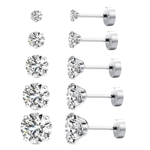 Kainier 5 Pairs Flat Back Stud Earrings CZ Earrings Round Surgical Steel AAAA Cubic Zirconia Hypoallergenic Ear Stud Set Gold/Silver 3-7mm - Image 1