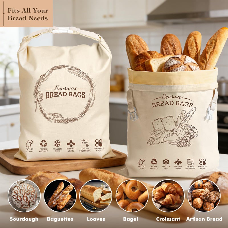 Aofmee Beeswax Bread Bags for Homemade Bread & Sourdough, 2 Pack Reusable Sourdough Bags, XL Natural Cotton Beeswax Bag, Fresh Keeping Extra Large Food Storage Cloth Bag for Gift Giving - Image 4