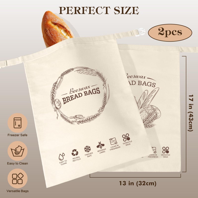 Aofmee Beeswax Bread Bags for Homemade Bread & Sourdough, 2 Pack Reusable Sourdough Bags, XL Natural Cotton Beeswax Bag, Fresh Keeping Extra Large Food Storage Cloth Bag for Gift Giving - Image 3