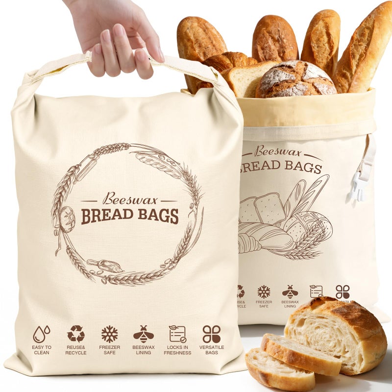 Aofmee Beeswax Bread Bags for Homemade Bread & Sourdough, 2 Pack Reusable Sourdough Bags, XL Natural Cotton Beeswax Bag, Fresh Keeping Extra Large Food Storage Cloth Bag for Gift Giving - Image 1