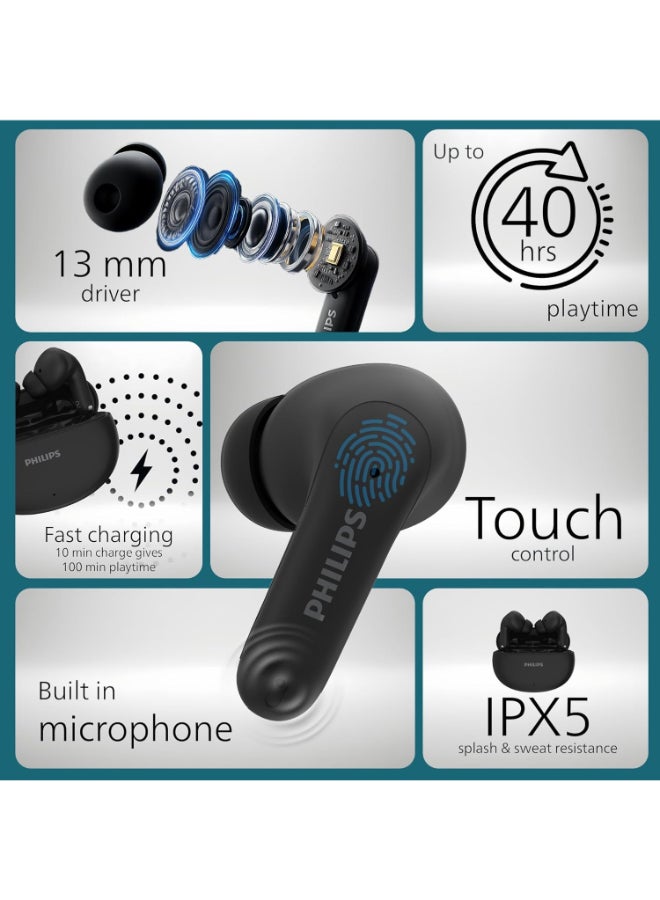Philips Renewed - TAT1269 Bluetooth Truly Wireless in Ear Earbuds with mic, 13mm Drivers, Bluetooth 5.4, 40H Playtime, IPX5, Fast Charging, Touch Controls, Voice Assistant, Mono Mode, LED Indicator (Deep Black) BLACK - Image 5