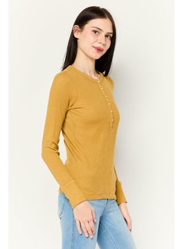 Aerie Women Round Neck Long Sleeves Plain Top, Mustard  - Image 3