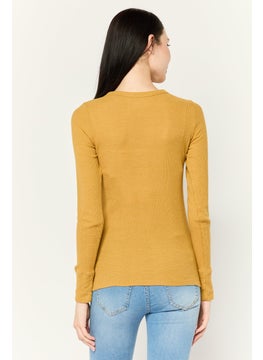 Aerie Women Round Neck Long Sleeves Plain Top, Mustard  - Image 4