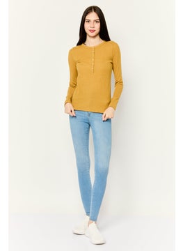 Aerie Women Round Neck Long Sleeves Plain Top, Mustard  - Image 2
