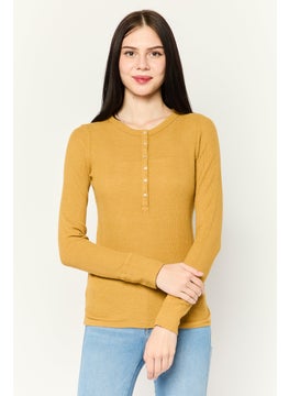 Aerie Women Round Neck Long Sleeves Plain Top, Mustard  - Image 1