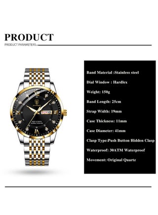 Men's Fashion Business Quartz Black Dial Water Resistant  with Two-Tone Stainless Steel Band Watch - view 2
