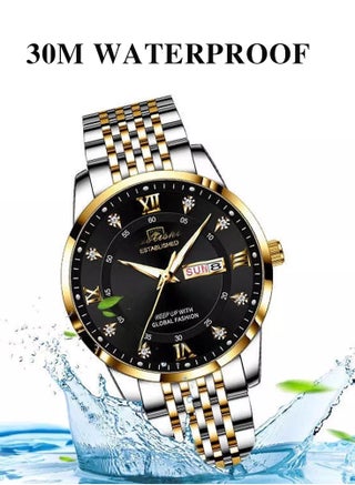 Men's Fashion Business Quartz Black Dial Water Resistant  with Two-Tone Stainless Steel Band Watch - view 3