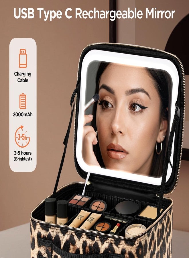 IPOW Travel Makeup Bag with LED Mirror, 3 Adjustable Light Settings, Customizable Dividers, Portable Travel Organizer, USB Charging, leopard print,Small - Image 5