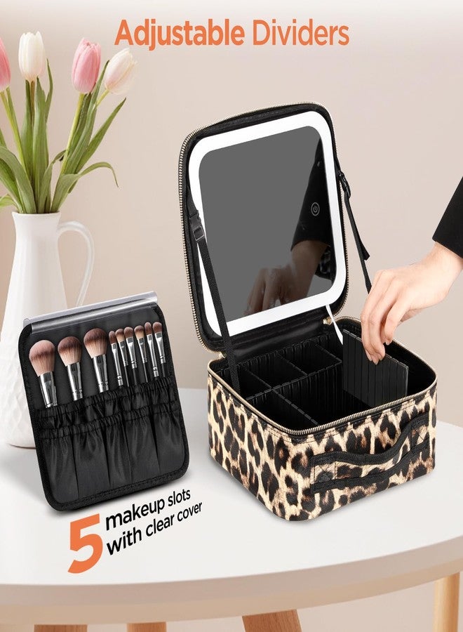 IPOW Travel Makeup Bag with LED Mirror, 3 Adjustable Light Settings, Customizable Dividers, Portable Travel Organizer, USB Charging, leopard print,Small - Image 4