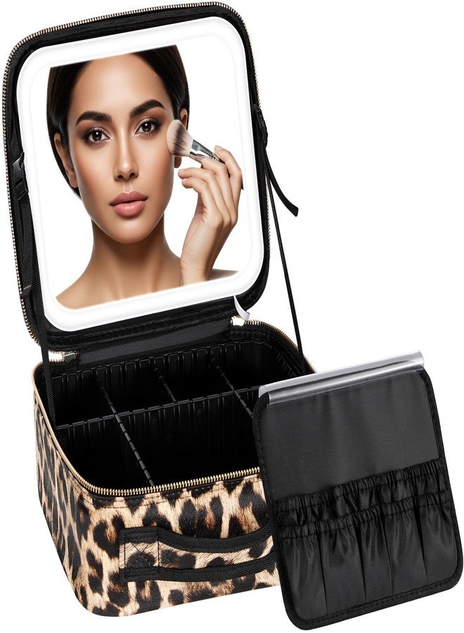 IPOW Travel Makeup Bag with LED Mirror, 3 Adjustable Light Settings, Customizable Dividers, Portable Travel Organizer, USB Charging, leopard print,Small - Image 1