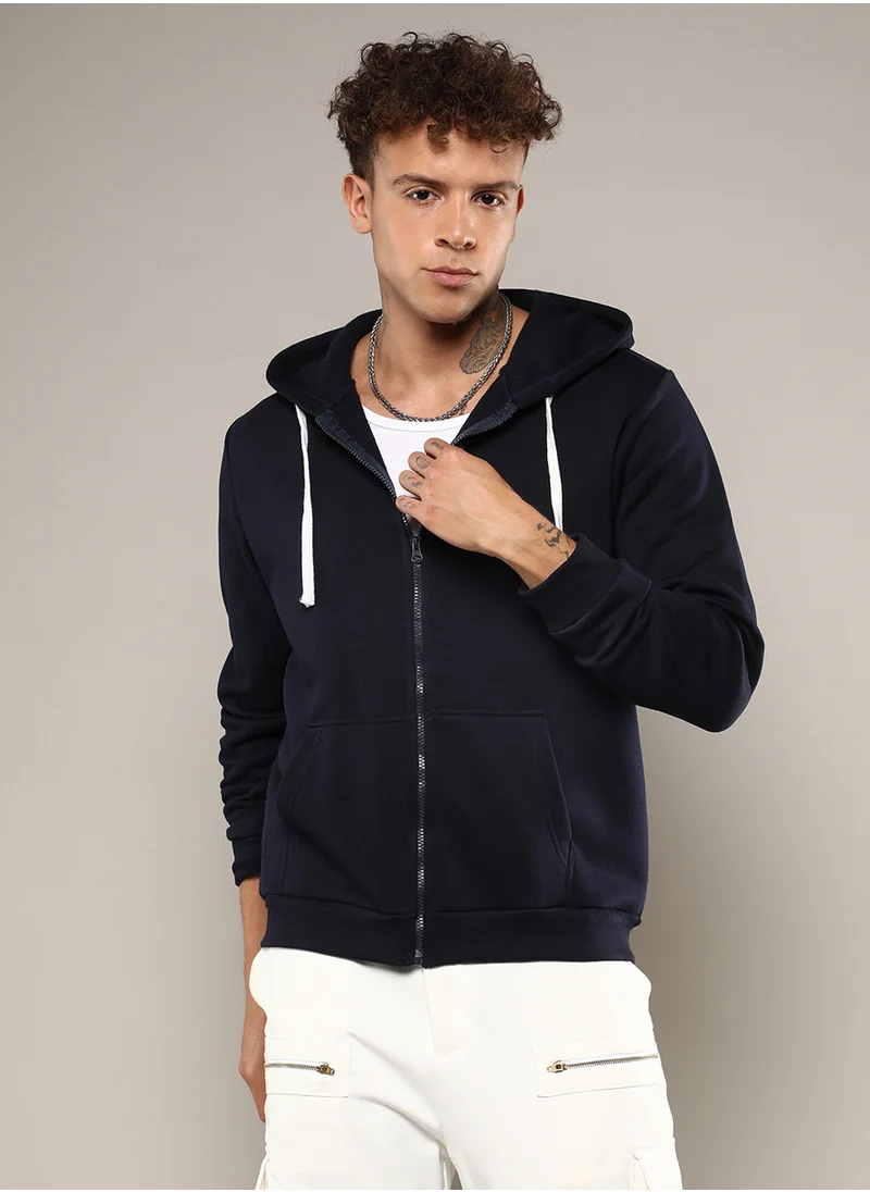 كامبوس سوترا Men's Dark Blue Zip-Front Hoodie With Contrast Drawstring