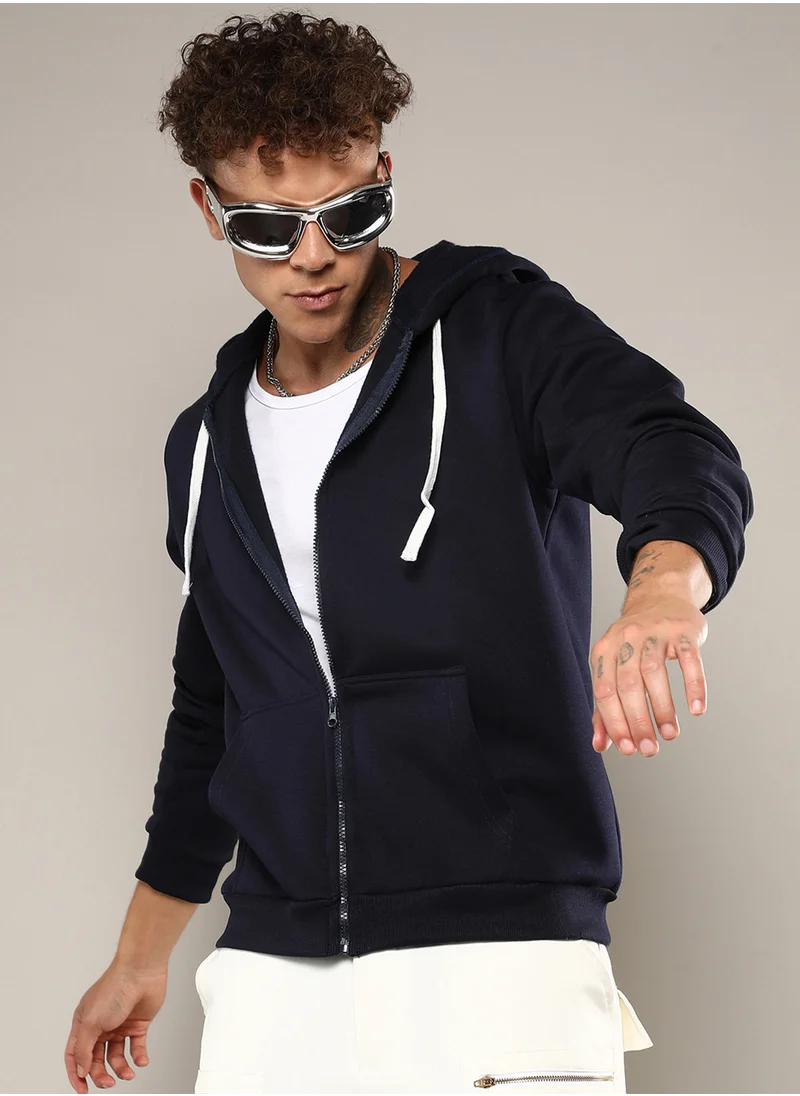 كامبوس سوترا Men's Dark Blue Zip-Front Hoodie With Contrast Drawstring