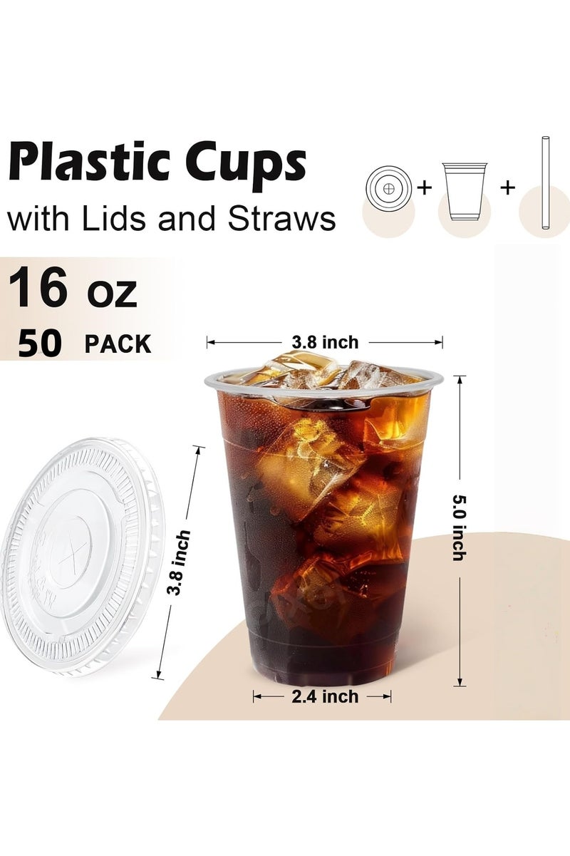 [50 Pack] 16oz Clear Plastic Cups With Flat Lids & Straws - Disposable Clear Drinking Cups For Iced Coffee, Cold Drinks, Milkshakes, and Smoothies - Image 2