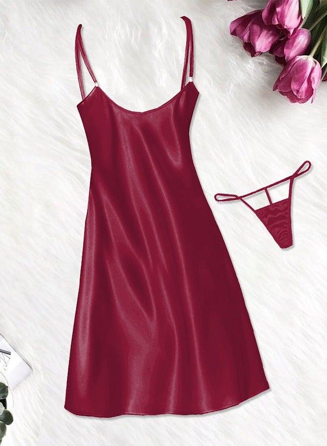 MARGOUN Women's 3XL Solid Color Braces Lace Nightdress Ladies Sheep Pajamas With Clip Strap Maroon - Image 3