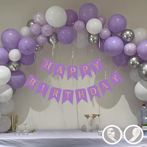 Flyloons Birthday Decoration Items Purple and White Theme Combination for Boys Girls Men Women Kids | 30 Pcs Purple White Silver Color Balloons | Purple Happy Birthday Banner | Arch Tape | Glue Dots - Image 1