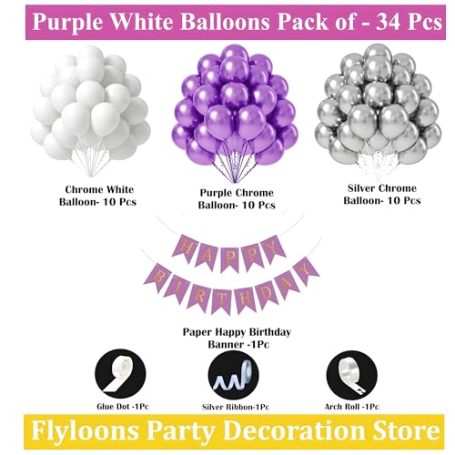Flyloons Birthday Decoration Items Purple and White Theme Combination for Boys Girls Men Women Kids | 30 Pcs Purple White Silver Color Balloons | Purple Happy Birthday Banner | Arch Tape | Glue Dots - Image 2