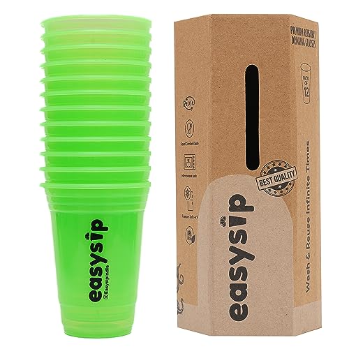 Easy Sip Reusable Party Glasses | Drinking Glass | BPA-Free | Leak Proof House Party Dispenser | Colourful Juice Tumbler Assorted Cups | Pack of 12 (400 ML - Green) - Image 1
