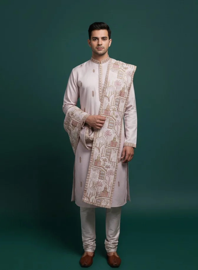 Lehar Elegant Blush Kurta Set with Heritage Embroidered Shawl