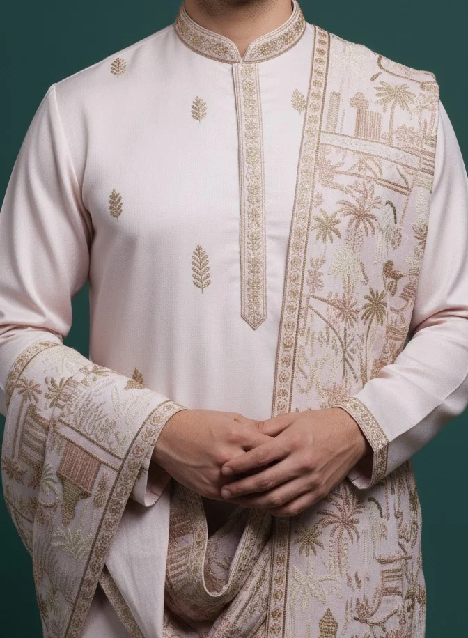 Lehar  Elegant Blush Kurta Set with Heritage Embroidered Shawl for Men | Best Price UAE