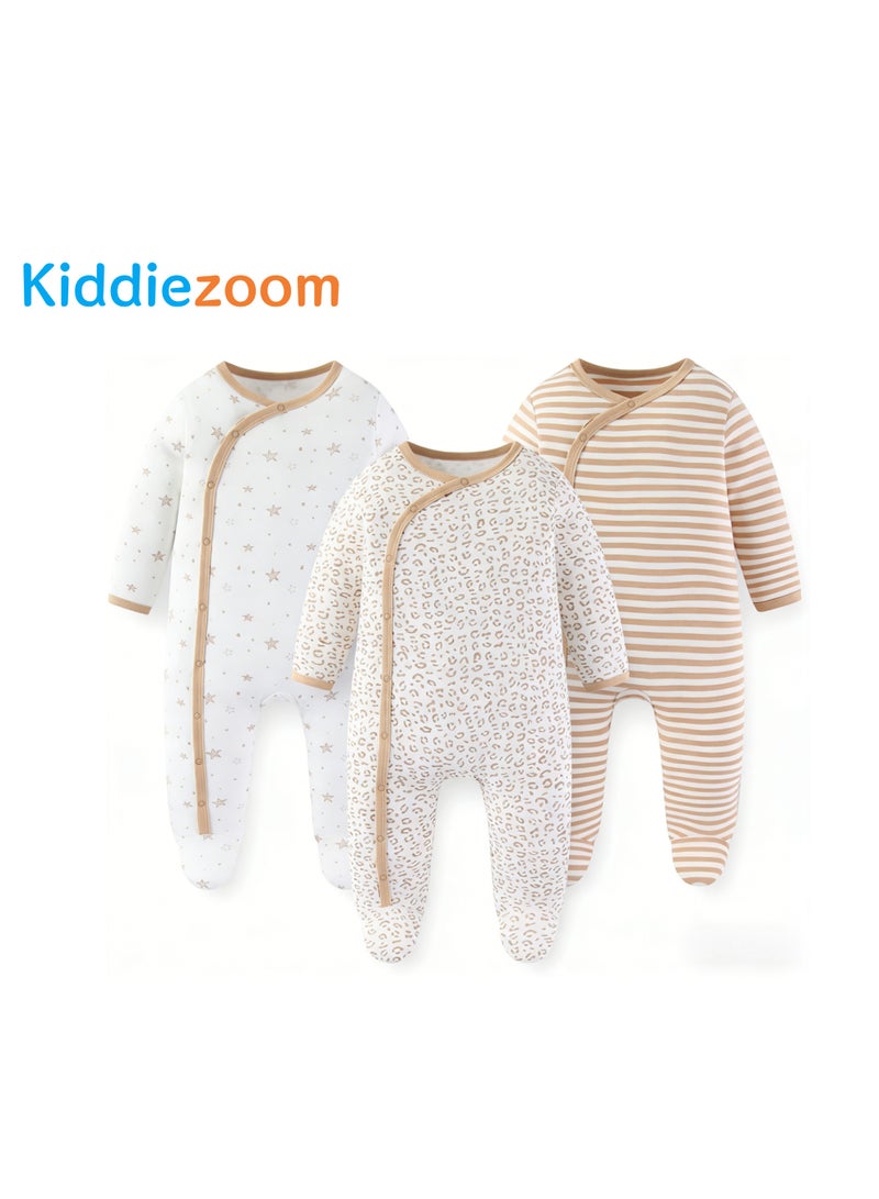 Kiddiezoom طقم ملابس أطفال مكون من 3 قطع، بأكمام طويلة، مصنوع من القطن الخالص 100%، مطبوع عليه سحاب، ناعم ومريح، مناسب للأطفال حديثي الولادة والأطفال الصغار (من 0 إلى 12 شهرًا). - Image 1