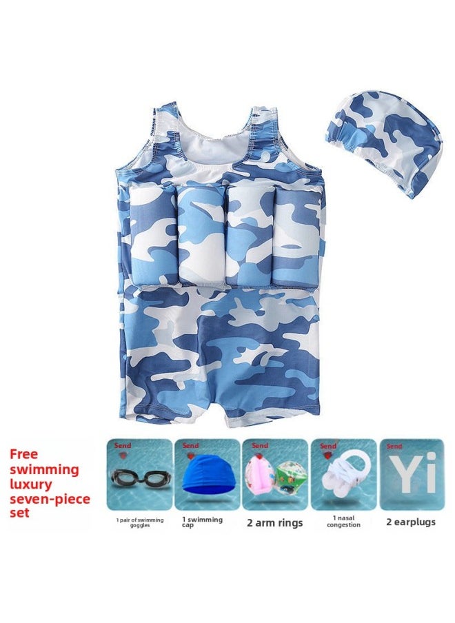 Loquat Children's Buoyancy Swimsuit Boys And Girls Baby Children's One-piece Swimsuit Summer Swimming Equipment Suit Boys-Color:Camouflage Blue + Luxury Seven-piece Set-  - Image 1