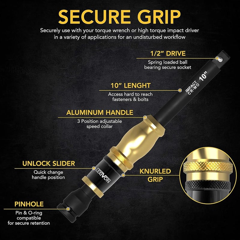 LEXIVON Impact 1/2" Socket Wrench Extension bar, Adjustable 3-Position Extension Made of Aluminum Cr-Mo Steel, Full Impact Strength for Manual Pneumatic Torque Wrench, Electric and Ratchet Wrench 25cm Long - Image 5