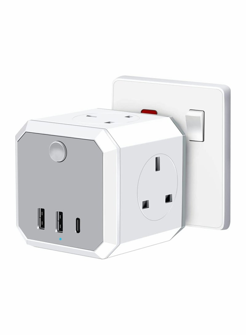 Multi Plug Adapter with USB, Cube Extension Plug with 4 AC Outlets 2 USB and 1 Type-C Slots, UK Wall Socket, 13A Multi Plug Extension Socket Power Adapter for Home Office Kitchen, White - Image 1
