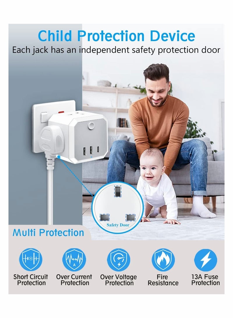 Multi Plug Adapter with USB, Cube Extension Plug with 4 AC Outlets 2 USB and 1 Type-C Slots, UK Wall Socket, 13A Multi Plug Extension Socket Power Adapter for Home Office Kitchen, White - Image 5