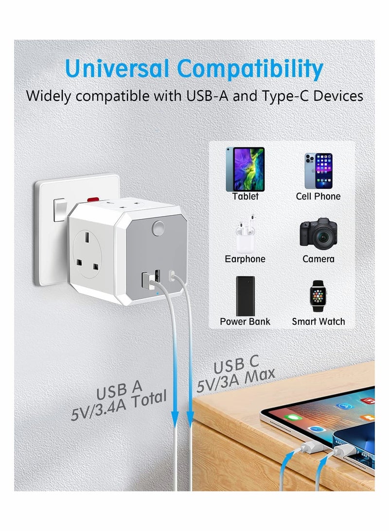 Multi Plug Adapter with USB, Cube Extension Plug with 4 AC Outlets 2 USB and 1 Type-C Slots, UK Wall Socket, 13A Multi Plug Extension Socket Power Adapter for Home Office Kitchen, White - Image 3