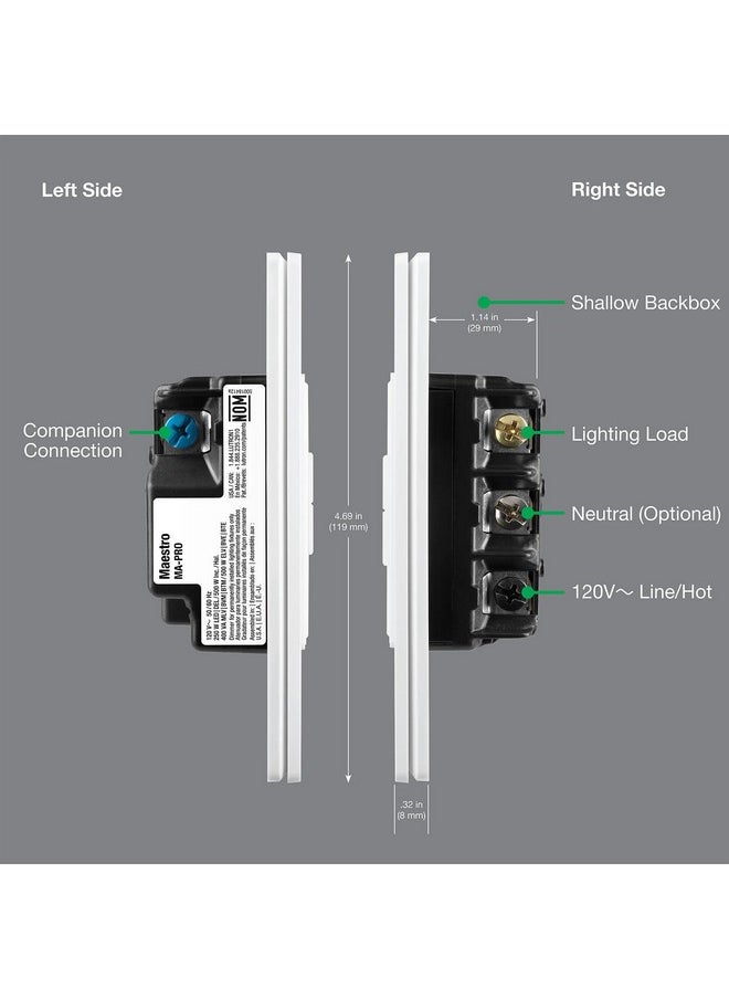 LUTRON Lutron Maestro PRO LED+ Tap Dimmer Switch for 250W LED, 500W ELV, 400W MLV, Single Pole/Multi-Location, Neutral Wire Optional, MA-PRO-WH, White  - Image 4
