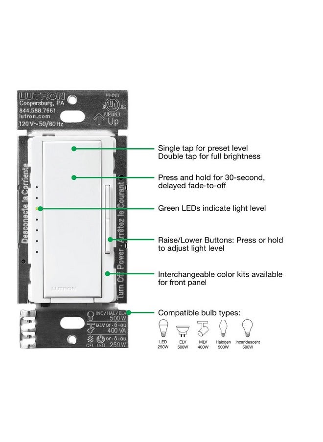 LUTRON Lutron Maestro PRO LED+ Tap Dimmer Switch for 250W LED, 500W ELV, 400W MLV, Single Pole/Multi-Location, Neutral Wire Optional, MA-PRO-WH, White  - Image 3
