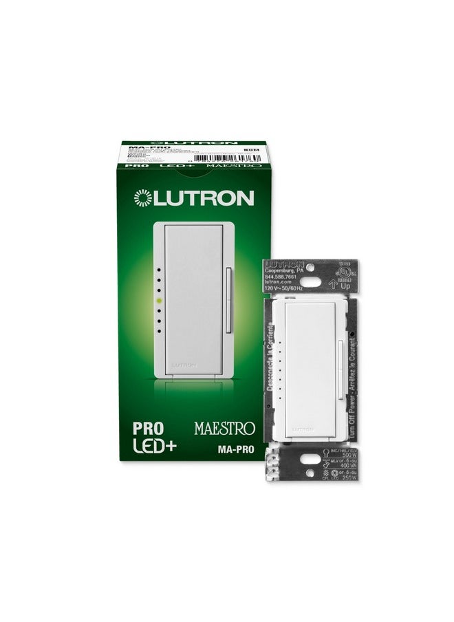 LUTRON Lutron Maestro PRO LED+ Tap Dimmer Switch for 250W LED, 500W ELV, 400W MLV, Single Pole/Multi-Location, Neutral Wire Optional, MA-PRO-WH, White  - Image 1