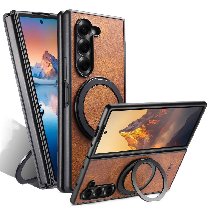 غطاء MagSafe، Waxed Brown TPU، لـ Samsung Galaxy Z Fold 6، حامل قائم مغناطيسي بوظيفة حامل من مادة TPU باللون البني خفيف الحمل للاستخدام الداخلي للمكتب - Image 3