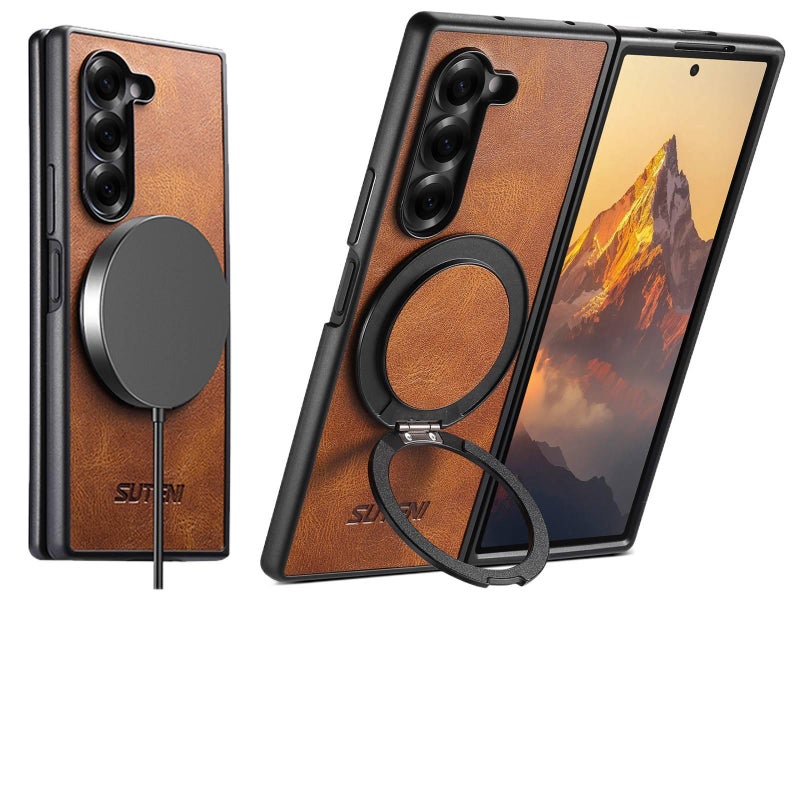 غطاء MagSafe، Waxed Brown TPU، لـ Samsung Galaxy Z Fold 6، حامل قائم مغناطيسي بوظيفة حامل من مادة TPU باللون البني خفيف الحمل للاستخدام الداخلي للمكتب - Image 2