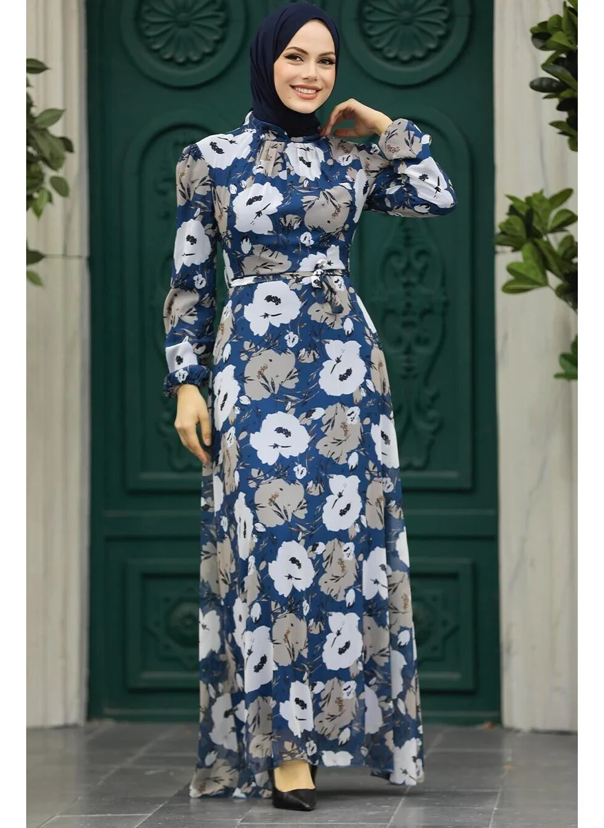 Neva Style - Floral Patterned Indigo Blue Hijab Dress 27939IM