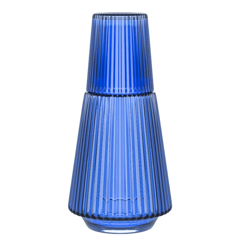 American Atelier American Atelier Vintage Bedside Water Carafe With Tumbler  37 Oz Ribbed Pitcher and Matching Drinking Glass Doubles As Lid For Guest Room OfficeMakes A Gift 45 x 925 Blue American Atelier