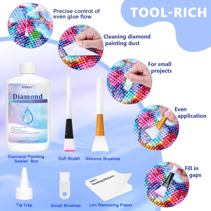 KISREL 240ml Diamond Painting Sealer, 8oz Quick-Dry Diamond Art Sealer with Applicator, Non-Toxic 5D Diamond Art Glue Permanent Adhesive, Puzzle Glue for Glossy Finish - Image 4