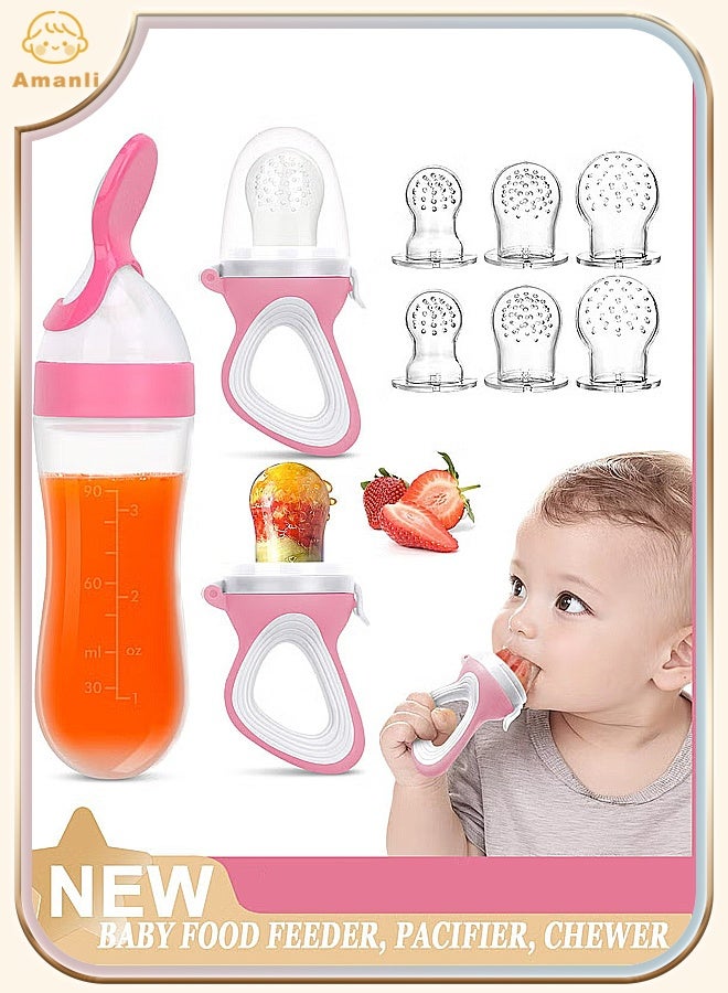 Amanli Baby Food Feeder, 2 Pack Baby Fruit Feeder Pacifier Fresh Food Feeder with 3 Sizes Silicone Pouches,1 Baby Feeding Spoons for Toddlers Infant（Pink） - Image 1