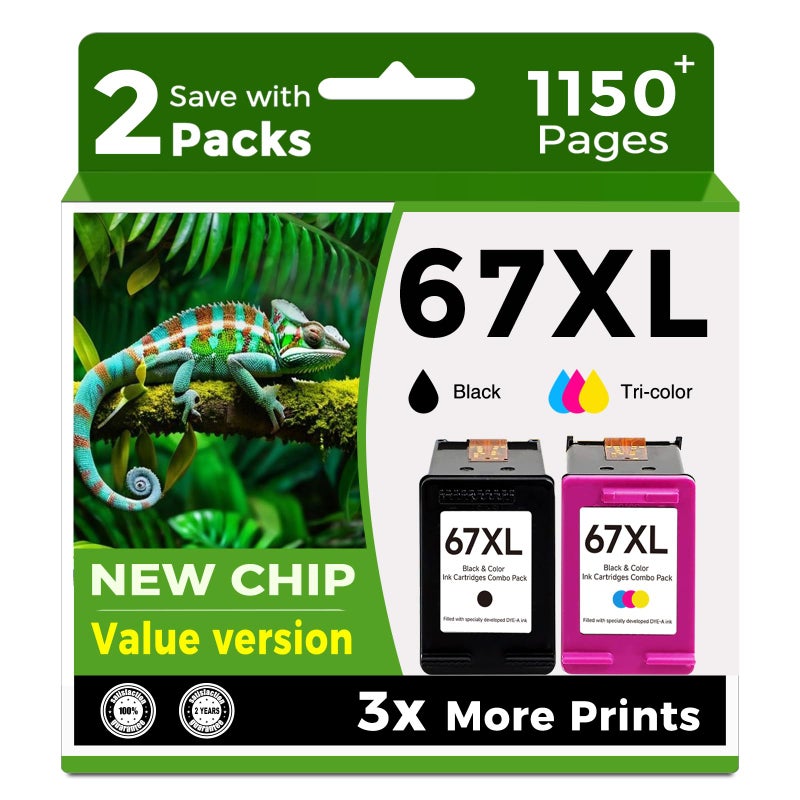 Skyink 67XL Ink Cartridges Black/Color Combo Pack Replacement for HP 67 Ink XL 2827e hp67xl hp67 for 2700 2700e 2752 2742e 2755 2755e 4100 2855 4227e 4155 6000 6055e 6400 6458 6455e Printer, 2 Pack - Image 1