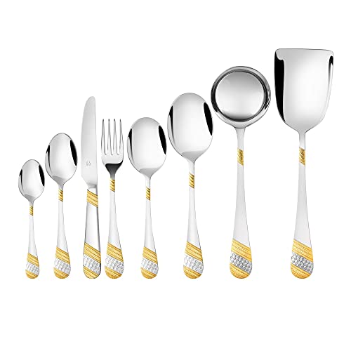 Fns Imperio - 24 Karat Gold Plated - Luxury Cutlery Set - Dinner Spoons, Forks, Knives, Teaspoons, Baby Spoons, Serving Spoons - 34 Pcs - Leatherette Box Packaging - Elegant Gold - Image 2