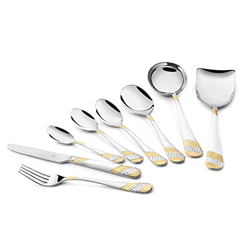 Fns Imperio - 24 Karat Gold Plated - Luxury Cutlery Set - Dinner Spoons, Forks, Knives, Teaspoons, Baby Spoons, Serving Spoons - 34 Pcs - Leatherette Box Packaging - Elegant Gold - Image 3