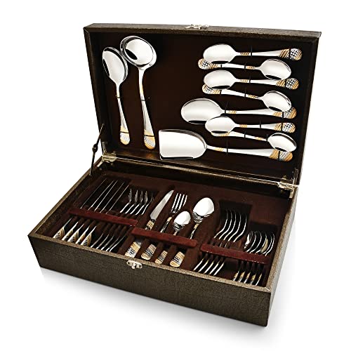 Fns Imperio - 24 Karat Gold Plated - Luxury Cutlery Set - Dinner Spoons, Forks, Knives, Teaspoons, Baby Spoons, Serving Spoons - 34 Pcs - Leatherette Box Packaging - Elegant Gold - Image 1