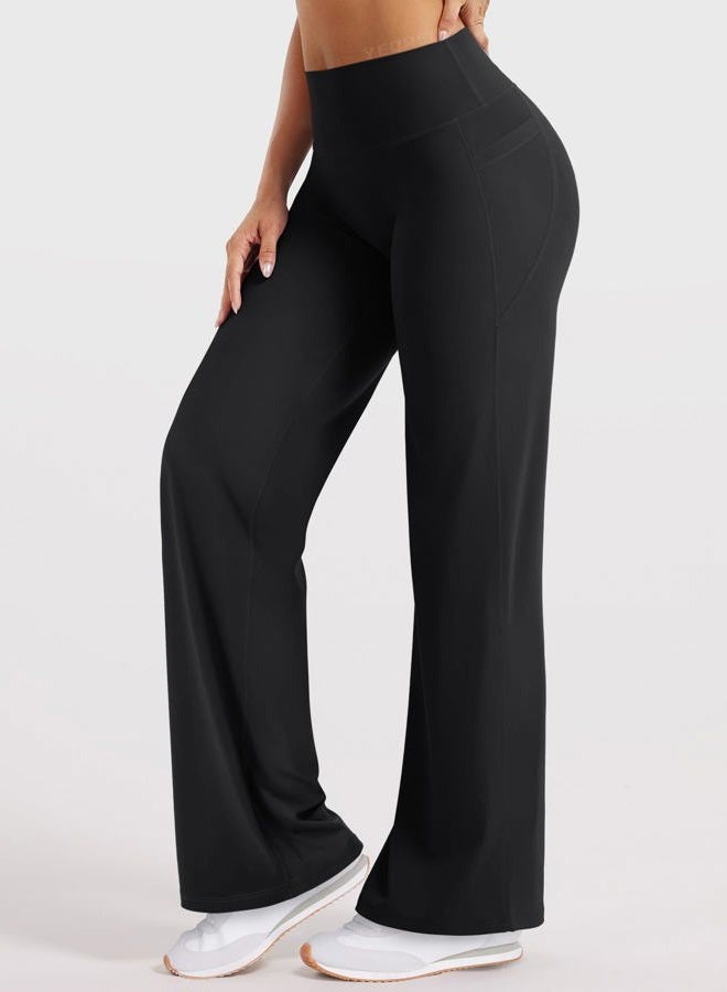 YEOREO Workout Straight Leggings with Pockets for Women No Front Seam High Waist Wide Leg Yoga Pants Buttery Soft -29"/ 31.5", Black, XS - Image 5