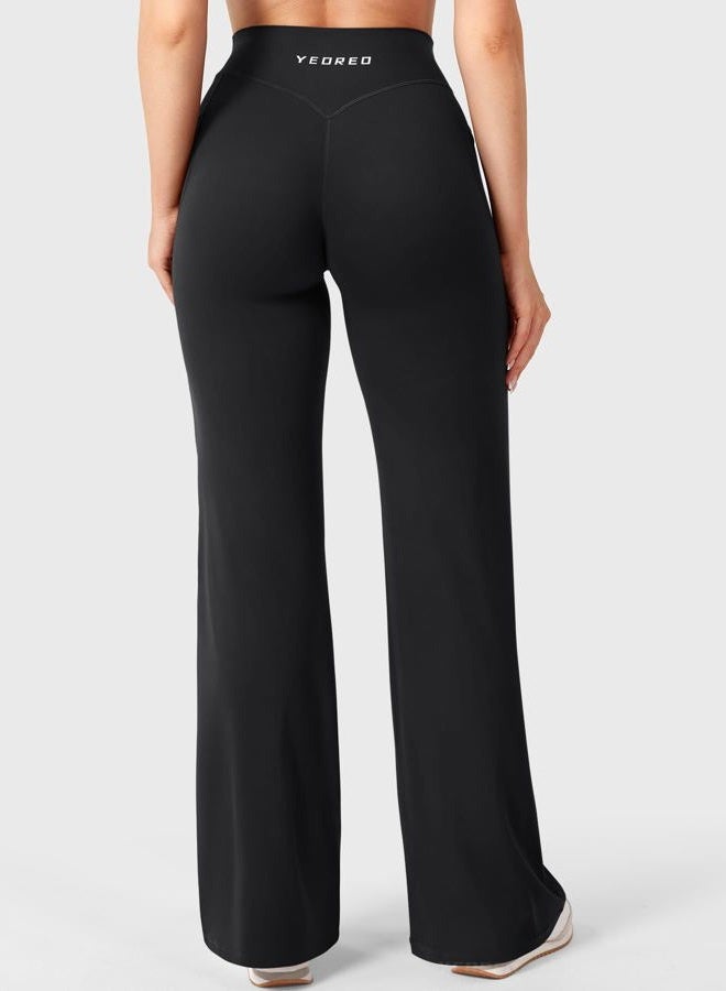 YEOREO Workout Straight Leggings with Pockets for Women No Front Seam High Waist Wide Leg Yoga Pants Buttery Soft -29"/ 31.5", Black, XS - Image 4