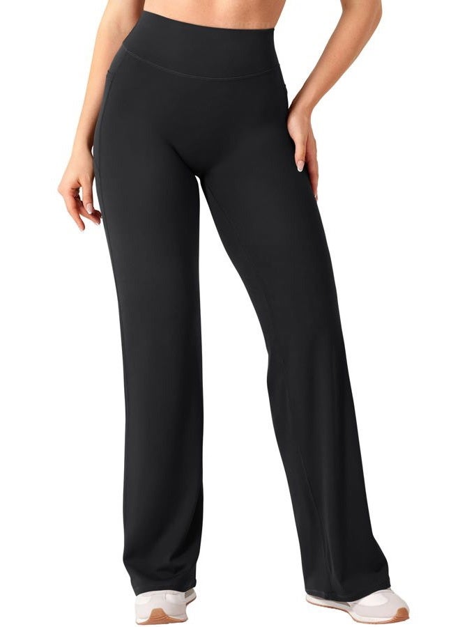 YEOREO Workout Straight Leggings with Pockets for Women No Front Seam High Waist Wide Leg Yoga Pants Buttery Soft -29"/ 31.5", Black, XS - Image 2
