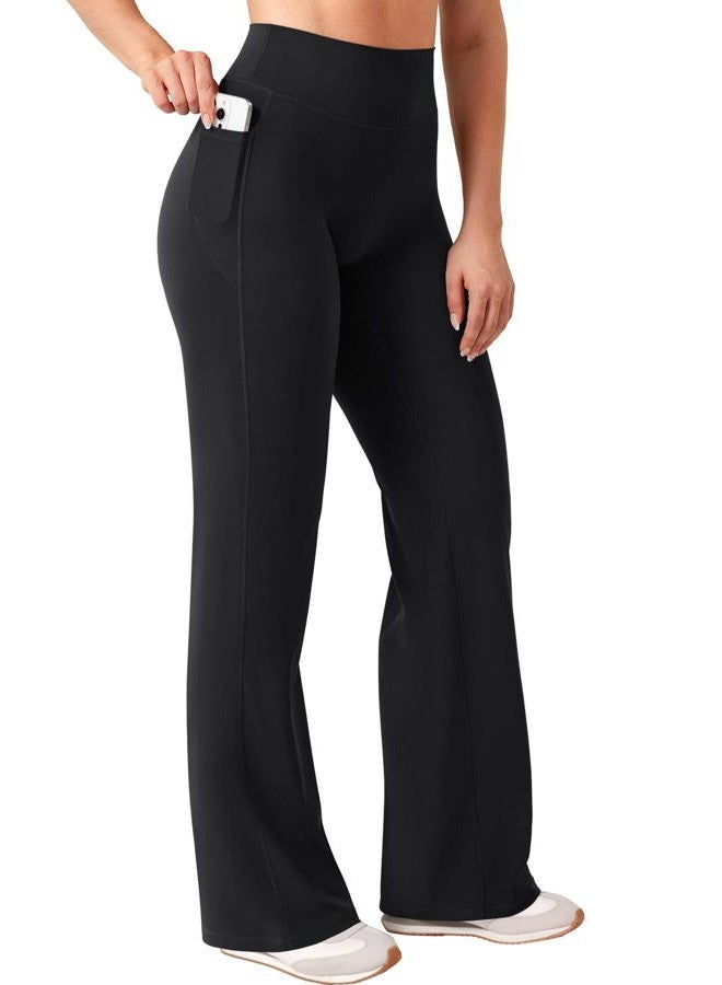 YEOREO Workout Straight Leggings with Pockets for Women No Front Seam High Waist Wide Leg Yoga Pants Buttery Soft -29"/ 31.5", Black, XS - Image 1