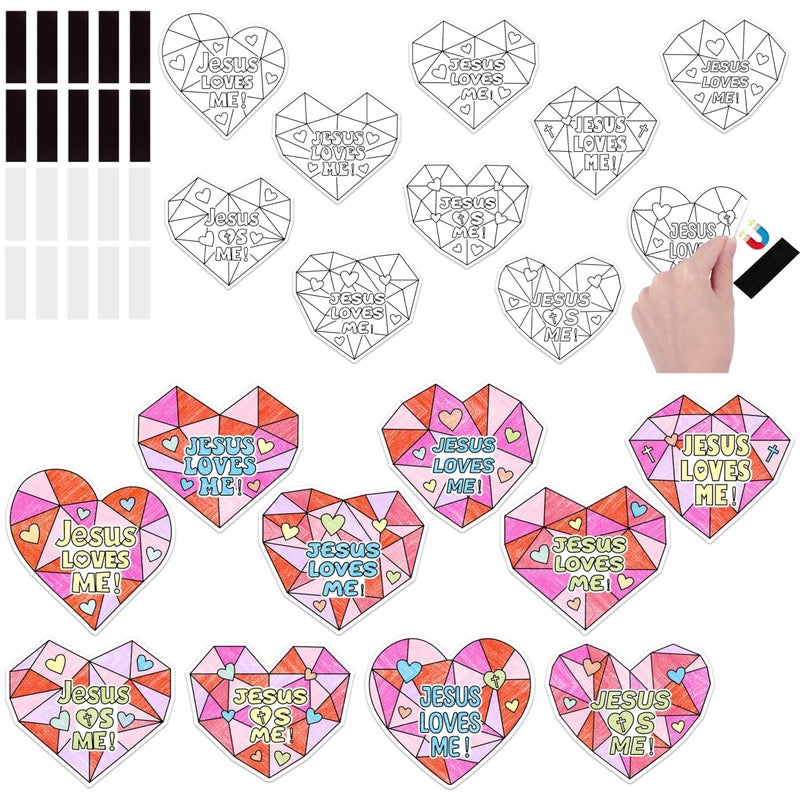 JAPBOR Valentines Christian Coloring Craft for Kids 30PCS Jesus Loves Me Color Your Own Magnet Kit Religious Valentines Day Heart DIY Fridge Magnetic Stickers for Classroom Draw Paint Activities - Image 3