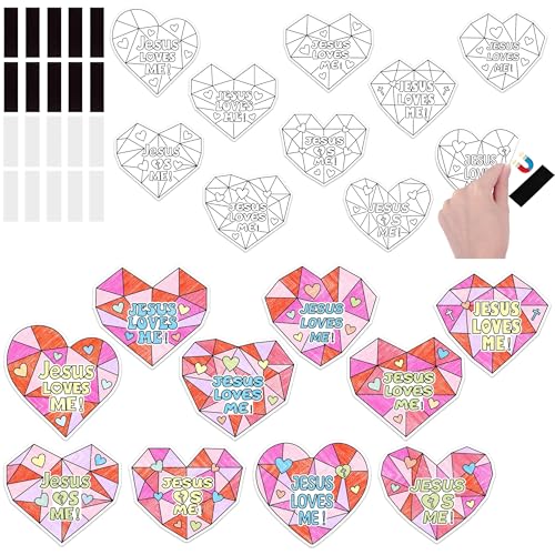 JAPBOR Valentines Christian Coloring Craft for Kids 30PCS Jesus Loves Me Color Your Own Magnet Kit Religious Valentines Day Heart DIY Fridge Magnetic Stickers for Classroom Draw Paint Activities - Image 1