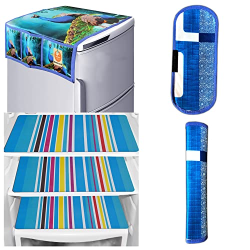 KANUSHI Industries® 1Pc Fridge Cover for Top with 6 Utility Pockets + 2 Handles Covers + 3 Fridge Mats (FRI-PEOCOCK-Blue+2-Handle+M-1-03) - Image 1